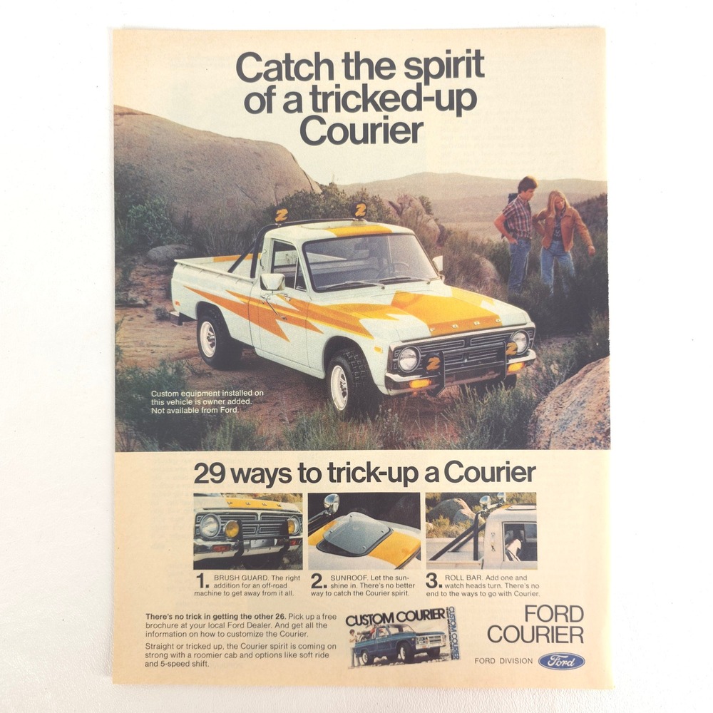 Ford Courier Custom Pickup Truck Print Ad Yellow Orange Stripes 1977 Vintage Art